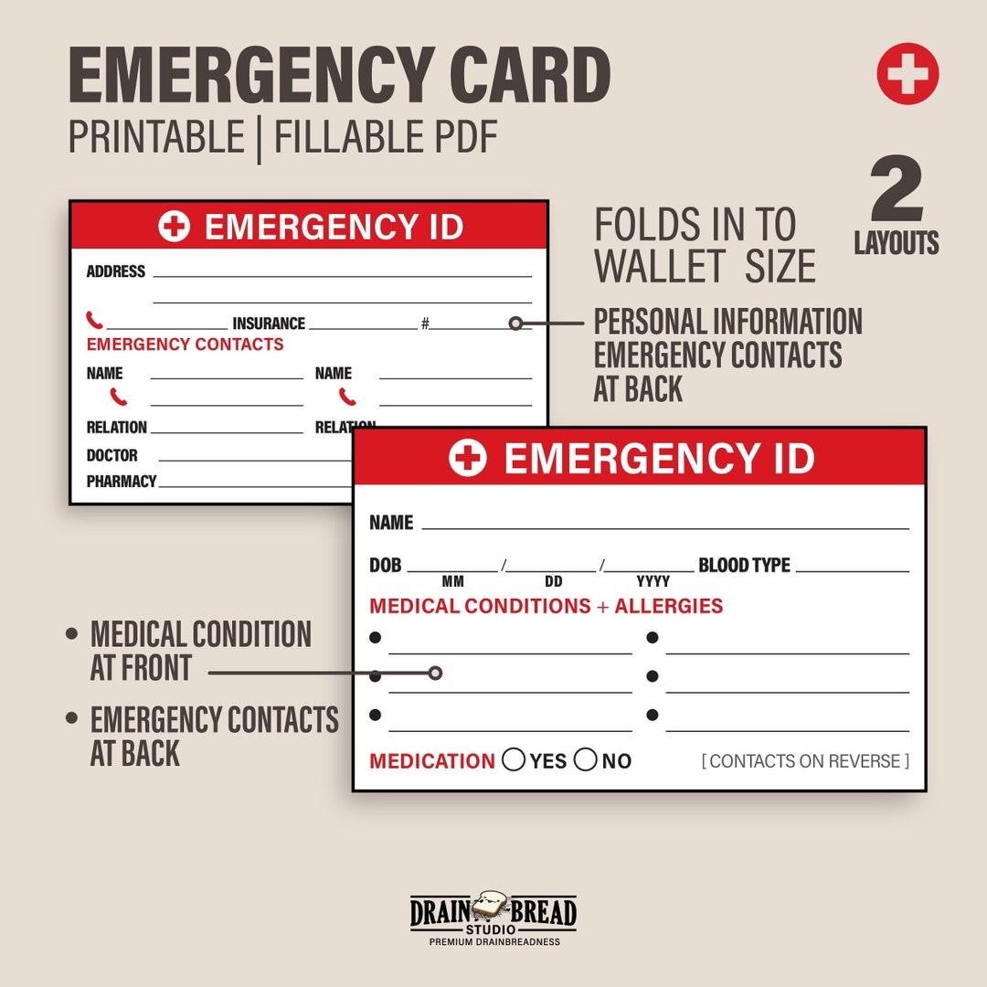 Emergency ID Card With Medical Conditions Emergency Contacts Wallet ...
