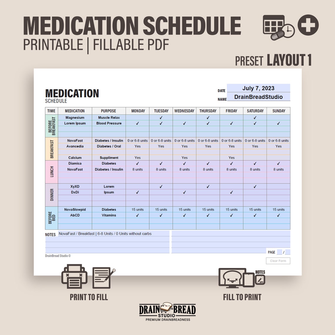 Printable Medication Schedule | Fillable PDF, Med Tracker (instant ...
