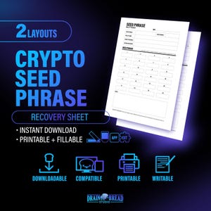 Crypto Wallet Tracker Seed Phrases Recovery Backup Passphrase Log Private Key | Printable & Fillable Instant Download PDF