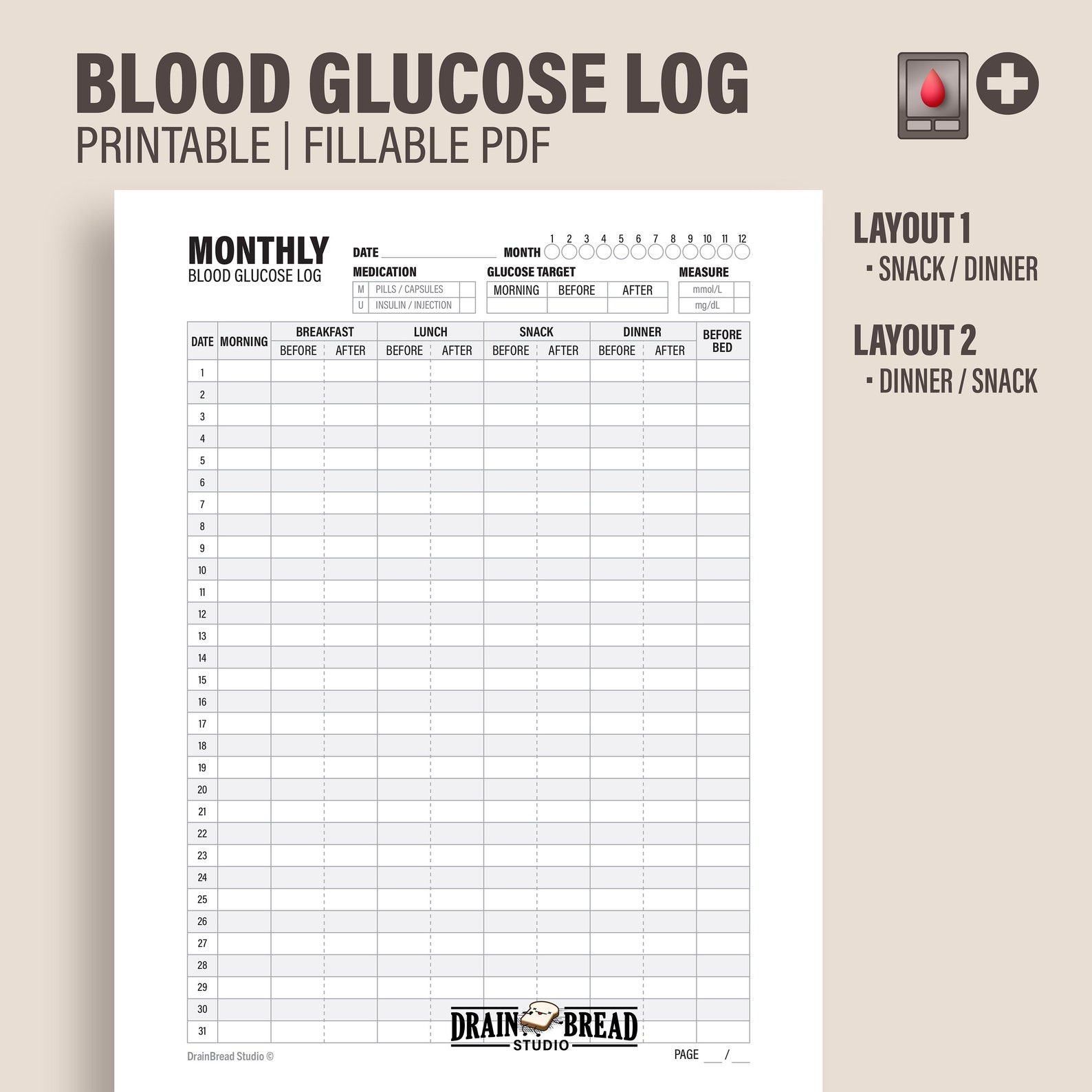 Blood Glucose Log Blood Sugar Tracker Before After Meal Schedule Log ...