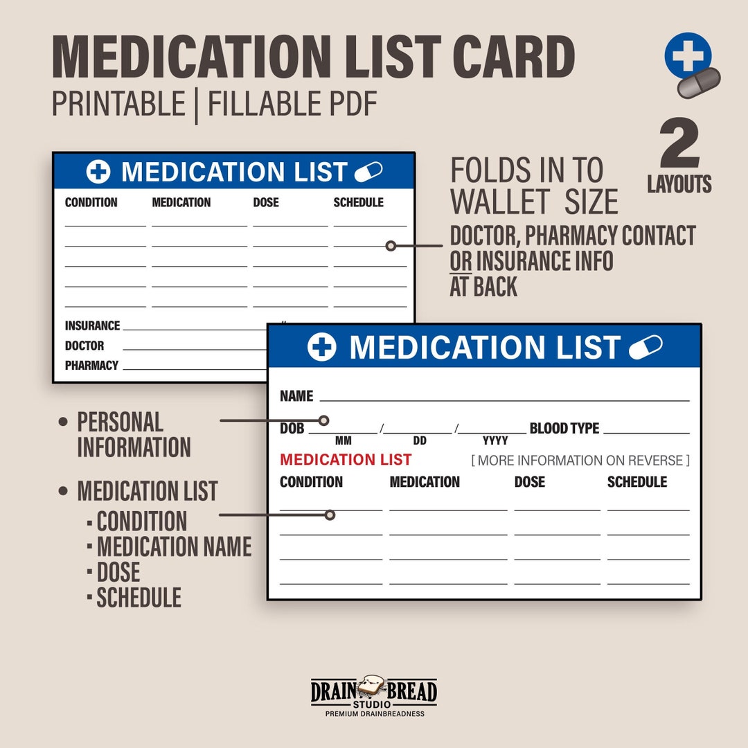 Medication List Card With Medication List Wallet Card Fill and Print ...