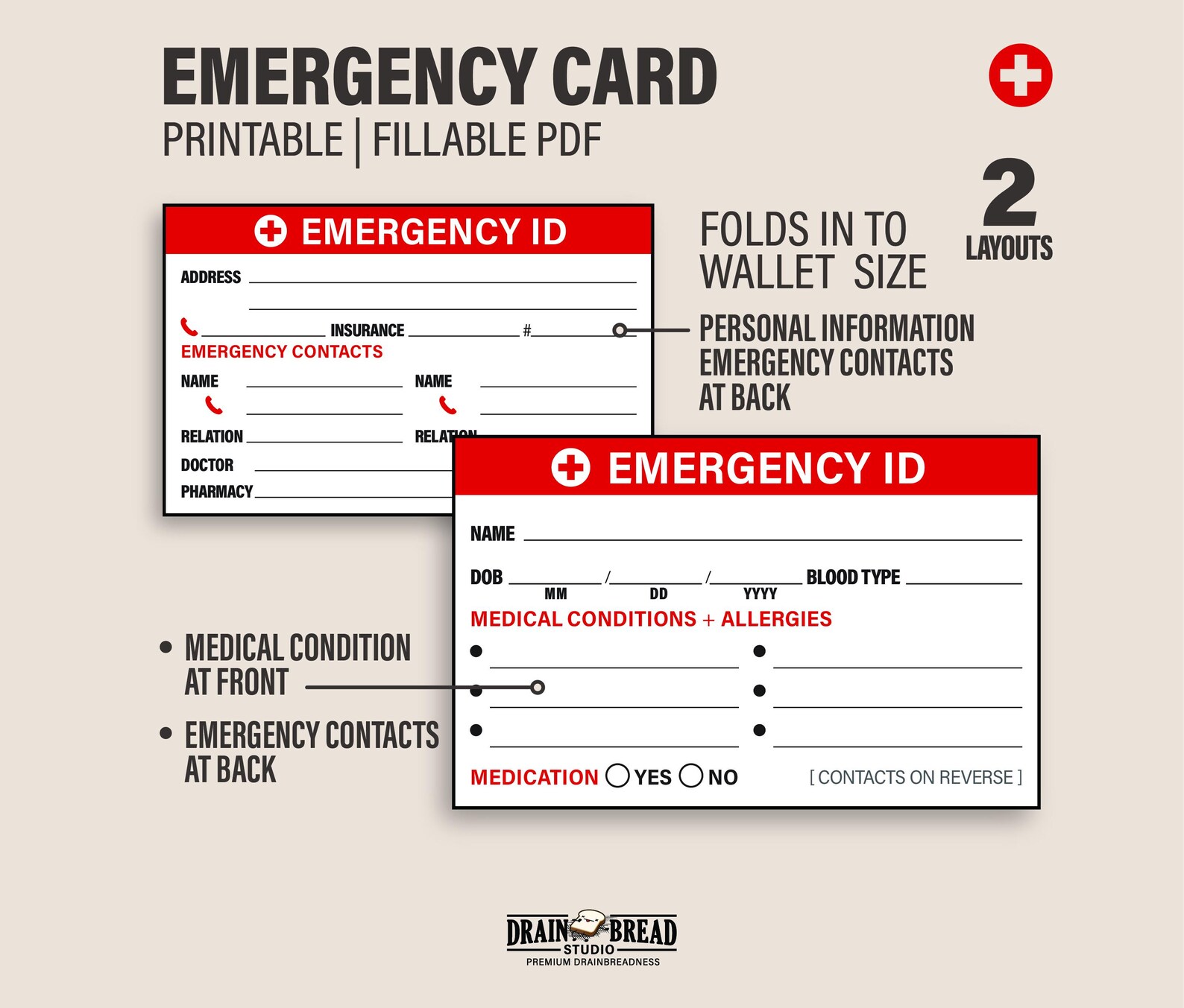 Emergency ID Wallet Card | Personal Medical Info & Emergency Contacts ...