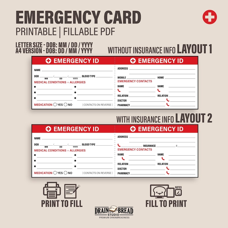 Emergency ID Wallet Card | Personal Medical Info & Emergency Contacts ...