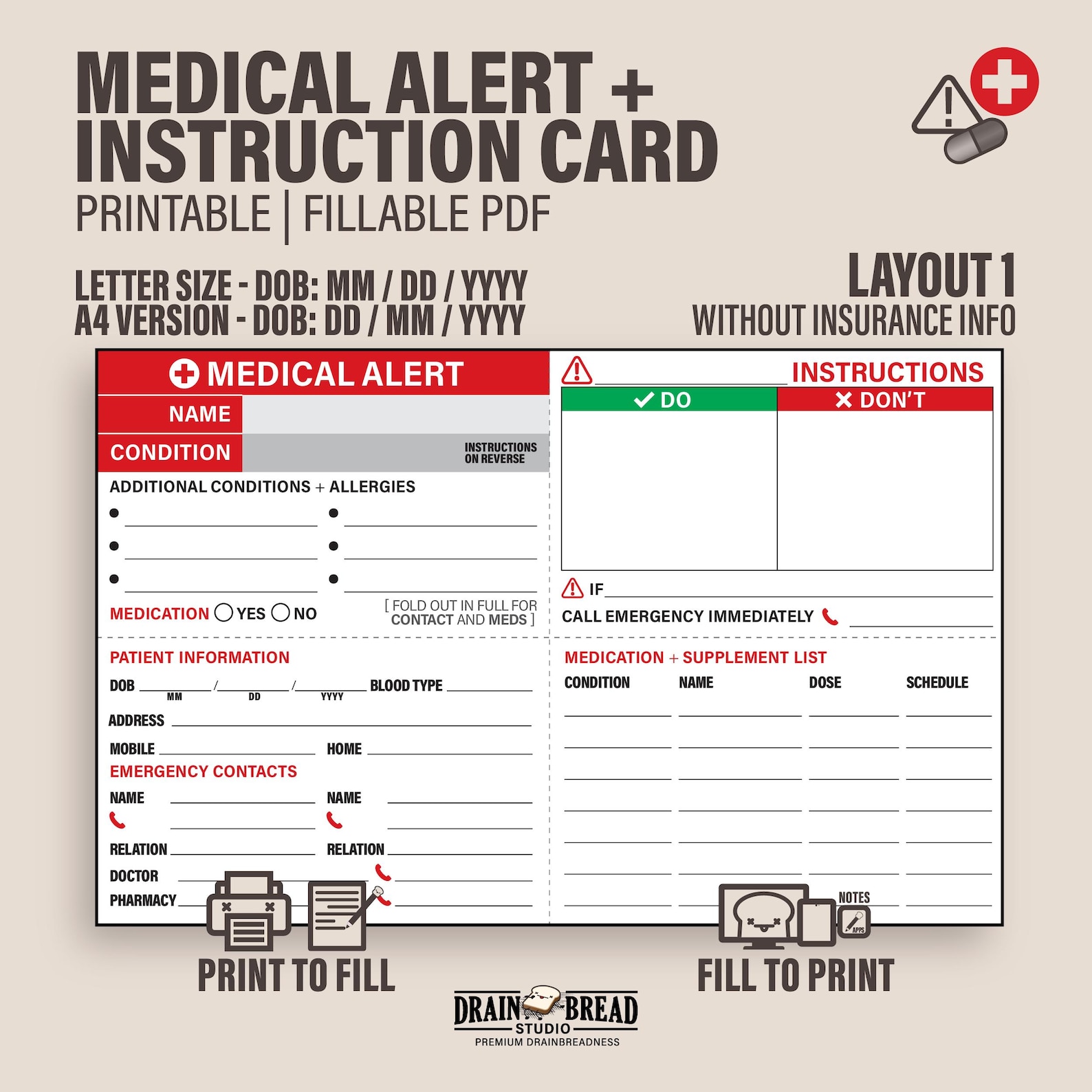 Custom Medical Alert ID Wallet Card | Emergency Info, Medication List ...