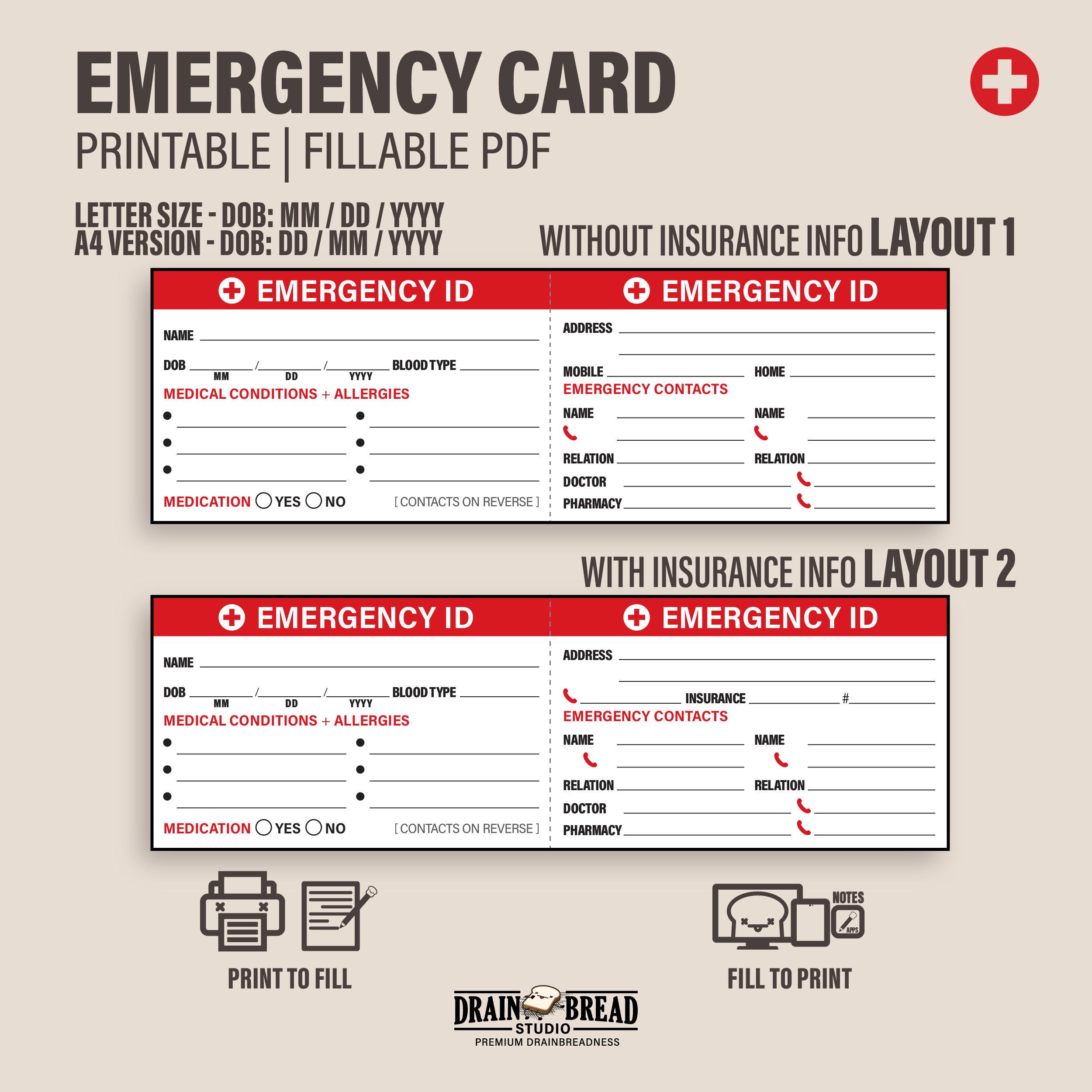 Emergency ID Card With Medical Conditions Emergency Contacts Wallet ...