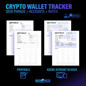 K&ouml;nnte beinhalten: Ein druckbares Arbeitsblatt zum Verfolgen von Krypto-Wallets. Das Arbeitsblatt enth&auml;lt Abschnitte f&uuml;r die Seed-Phrase, die Plattform, das Ger&auml;t, den Kontonamen, Notizen und zus&auml;tzliche Konten. Das Arbeitsblatt tr&auml;gt den Titel "Crypto Wallet Tracker" und enth&auml;lt den Text "Seed Phrase + Accounts + Notes".