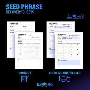 K&ouml;nnte beinhalten: Drei druckbare Seed-Phrase-Wiederherstellungsbl&auml;tter mit einem blauen und violetten Farbschema. Jedes Blatt hat einen Bereich f&uuml;r den Wallet-Namen, die Plattform, das Datum, die Seed-Phrase und Notizen. Die Bl&auml;tter sind f&uuml;r die Verwendung mit Adobe Acrobat Reader konzipiert.