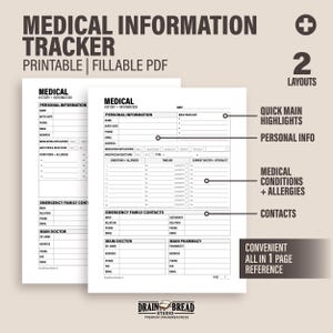 Medical Information Tracker With Emergency Contacts Doctor Contact Medical Info And History | Printable Fillable Instant Download