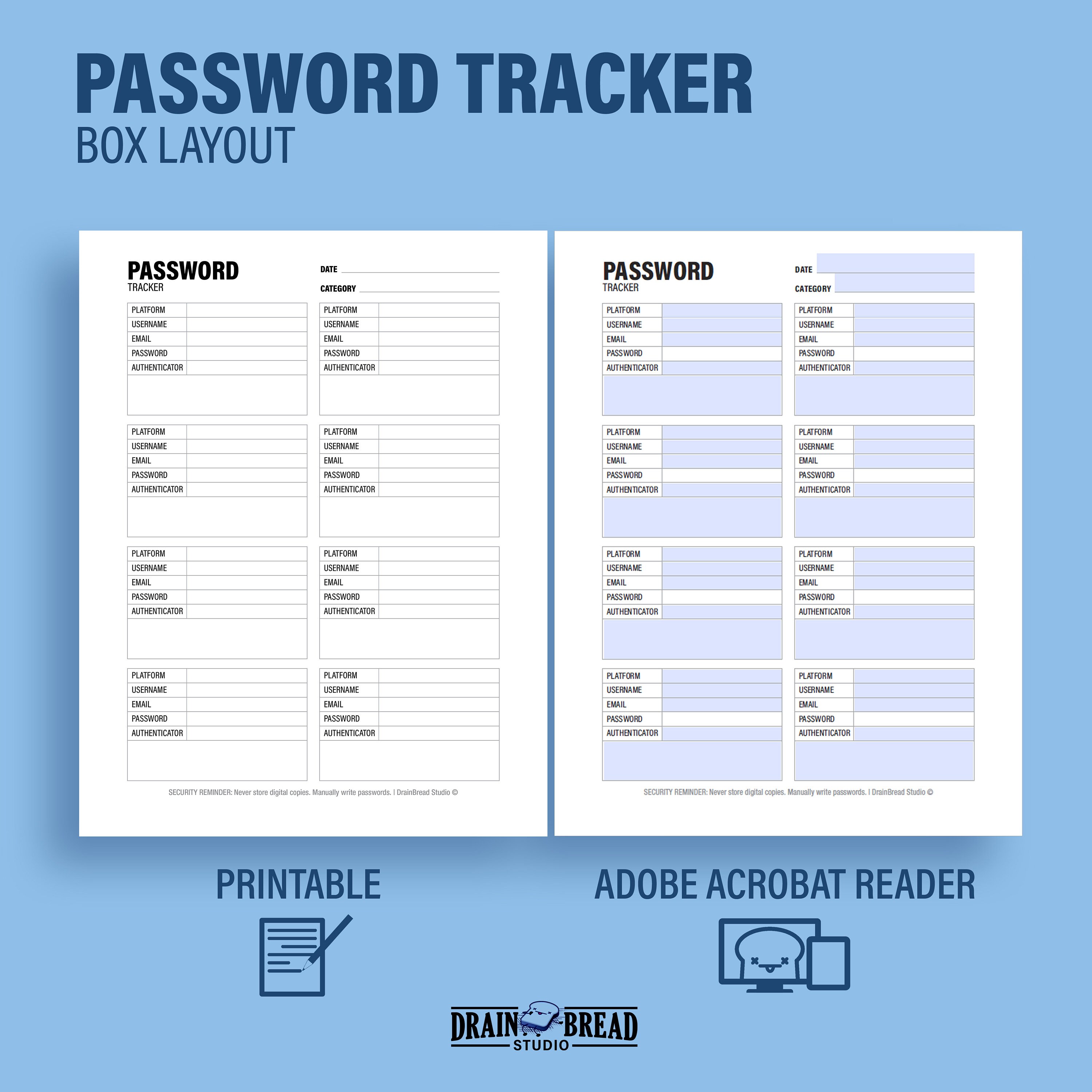 Password Tracker Box Layout With Authenticator | Letter / A4 ...