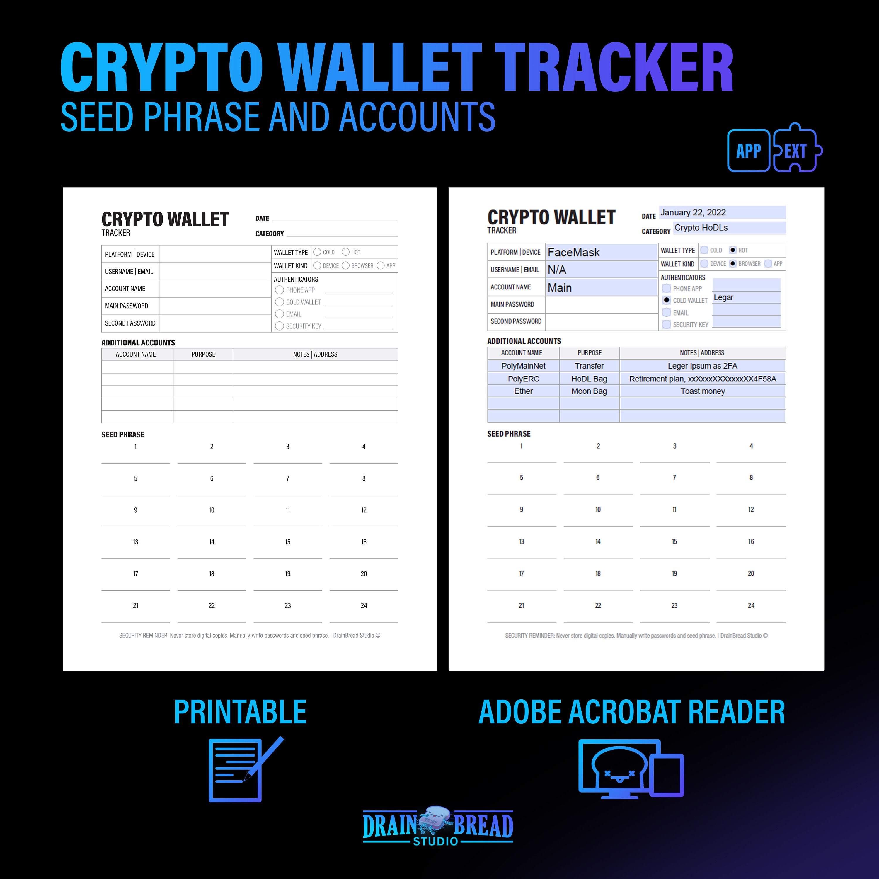 Crypto Wallet Tracker Seed Phrases Recovery Backup Passphrase Log Private  Key | Printable & Fillable Instant Download PDF - Etsy