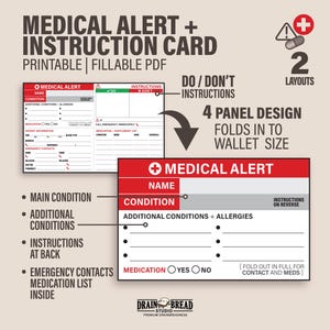 ID-portemonneekaart voor medische waarschuwing: aangepast wel/niet-bericht, medische aandoeningen, contactpersonen voor noodgevallen, medicatielijst | Afdrukbare directe download