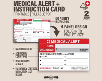 Può includere: Una scheda di allerta medica e istruzioni stampabile con uno schema di colori rosso e bianco. La scheda è progettata per piegarsi in formato portafoglio e ha due layout. La scheda include sezioni per il nome, la condizione, le condizioni aggiuntive, le allergie, i farmaci, i contatti di emergenza e le istruzioni. Il testo "MEDICAL ALERT" è stampato in grassetto in lettere rosse.
