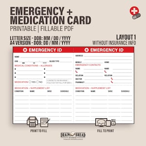 Emergency ID Card With Medical Conditions Medication List Emergency ...