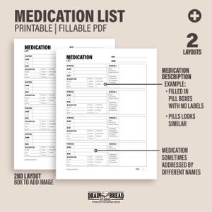 Medication Tracking List Pack With Detailed Description Information Schedule Notes Room For Image | Printable Fillable Instant Download