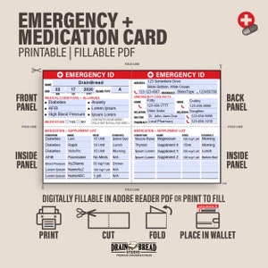 Pu&ograve; includere: Una scheda di farmaci di emergenza stampabile e compilabile con un pannello anteriore e un pannello posteriore. Il pannello anteriore include sezioni per informazioni personali, condizioni mediche, allergie, farmaci e integratori. Il pannello posteriore include sezioni per i contatti di emergenza e un elenco di farmaci e integratori.