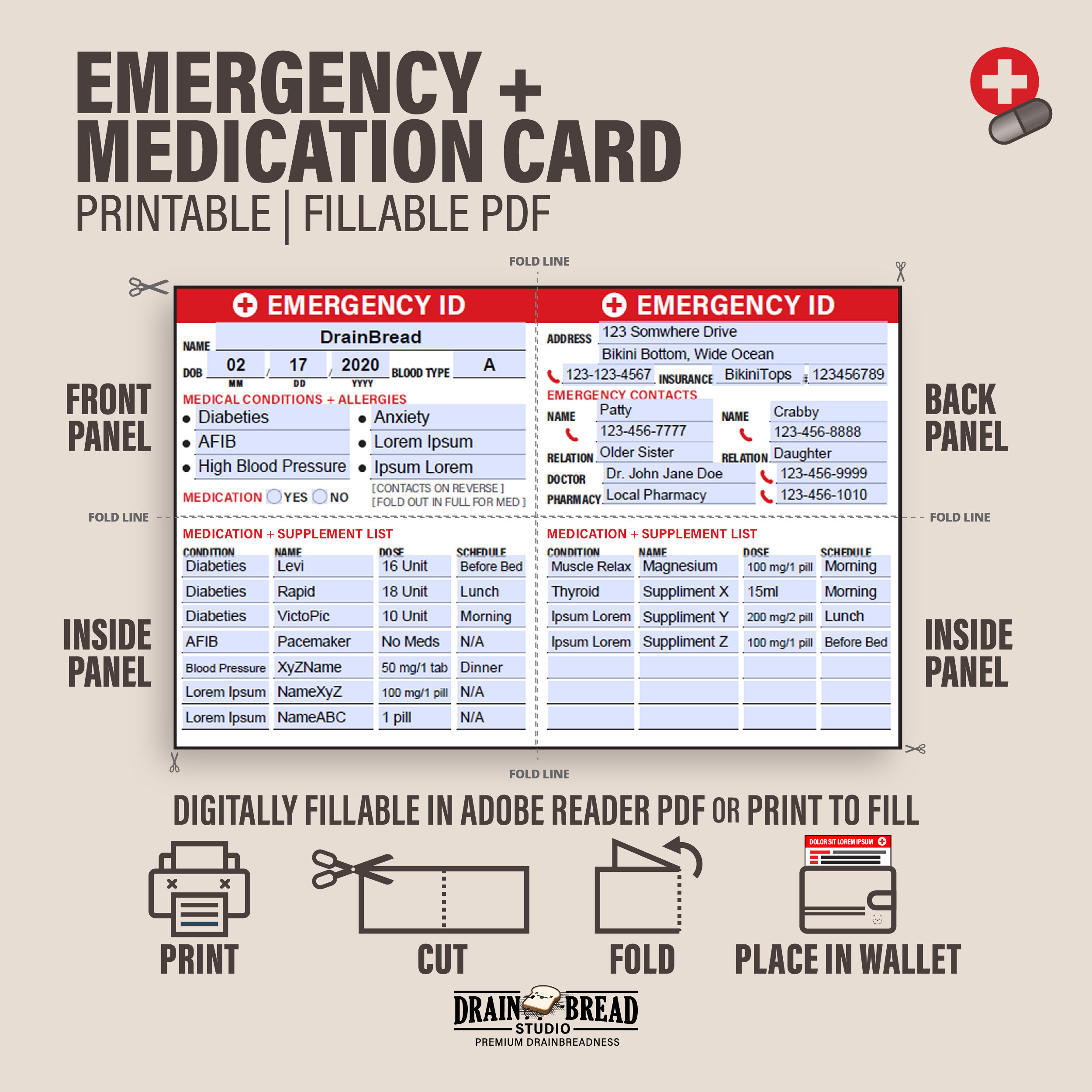 Emergency ID Wallet Card | Medication List, Personal Details ...