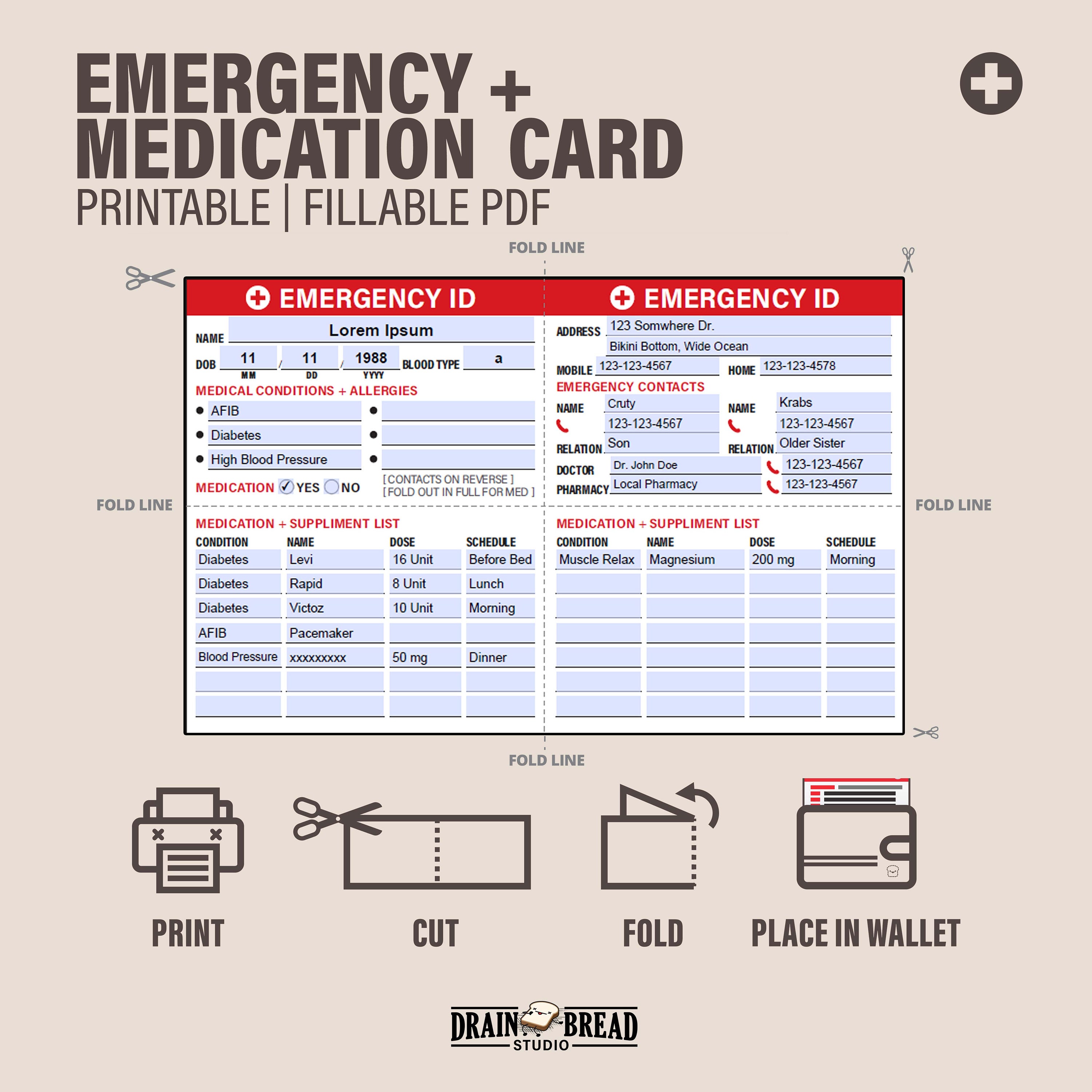 Emergency ID Card Medication List Wallet Card Emergency Etsy Australia