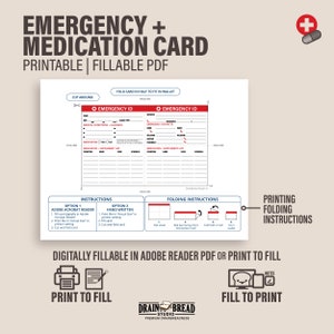 Pu&ograve; includere: Carta di emergenza e farmaci stampabile con un simbolo di croce rossa. La carta &egrave; divisa in due sezioni, ciascuna con l'intestazione "ID di emergenza". La carta &egrave; progettata per essere piegata a met&agrave; per adattarsi a un portafoglio. La carta include istruzioni per compilare la carta digitalmente in Adobe Acrobat Reader o a mano. La carta include anche istruzioni per stampare e piegare la carta.