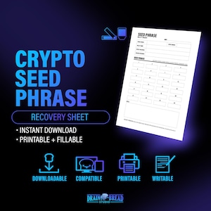 Crypto Wallet Tracker Seed Phrases Recovery Backup Passphrase Log Private Key | Letter, A4 | Printable & Fillable Instant Download PDF