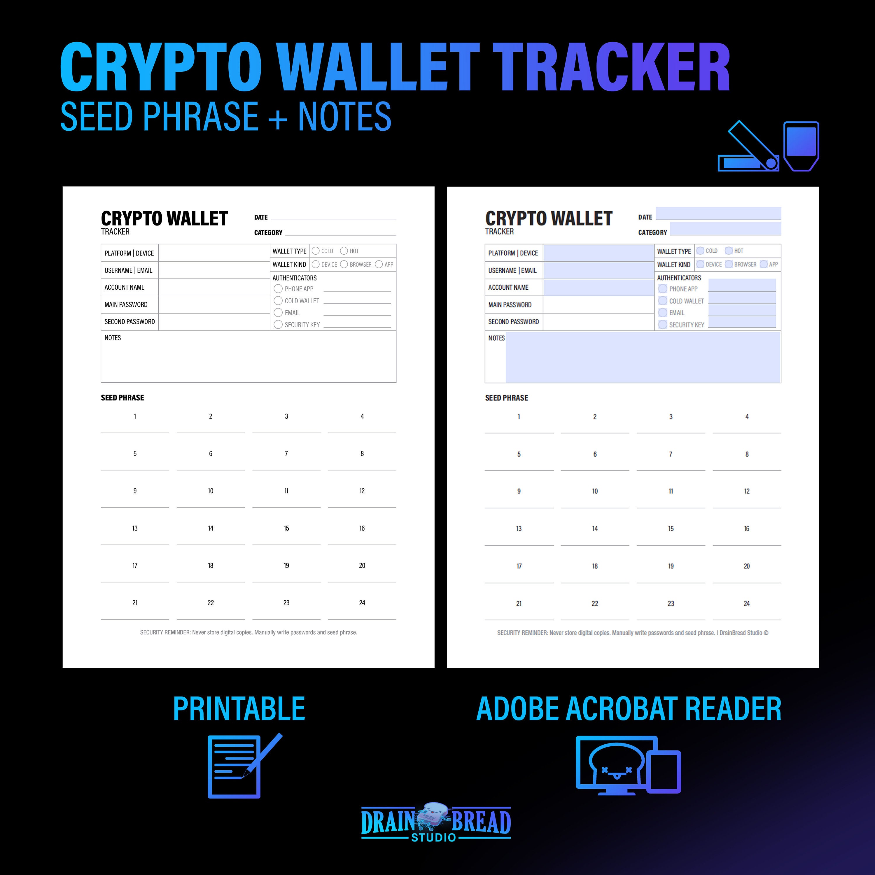 Crypto Wallet Tracker Seed Phrases Recovery Backup Passphrase Log Private  Key | Printable & Fillable Instant Download PDF - Etsy Canada