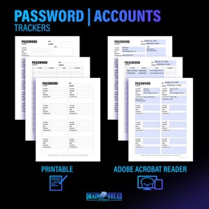 K&ouml;nnte beinhalten: Vier druckbare Passwort-Tracker-Seiten mit einem blau-wei&szlig;en Farbschema. Jede Seite tr&auml;gt den Titel "Password Tracker" und enth&auml;lt Spalten f&uuml;r Plattform, Benutzername, Passwort, Datum, Kategorie und Notizen. Die Seiten sind f&uuml;r die Verwendung mit Adobe Acrobat Reader konzipiert.