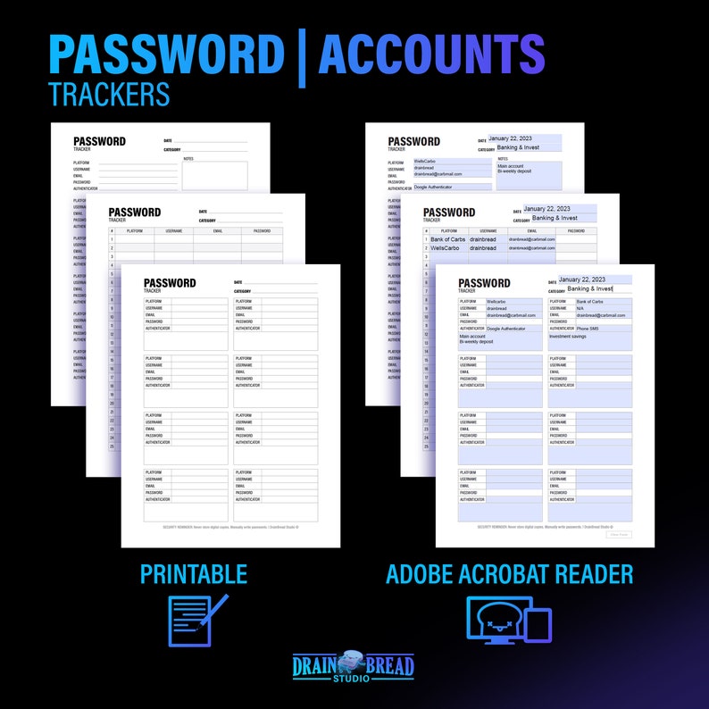 K&ouml;nnte beinhalten: Vier druckbare Passwort-Tracker-Seiten mit einem blau-wei&szlig;en Farbschema. Jede Seite tr&auml;gt den Titel "Password Tracker" und enth&auml;lt Spalten f&uuml;r Plattform, Benutzername, Passwort, Datum, Kategorie und Notizen. Die Seiten sind f&uuml;r die Verwendung mit Adobe Acrobat Reader konzipiert.