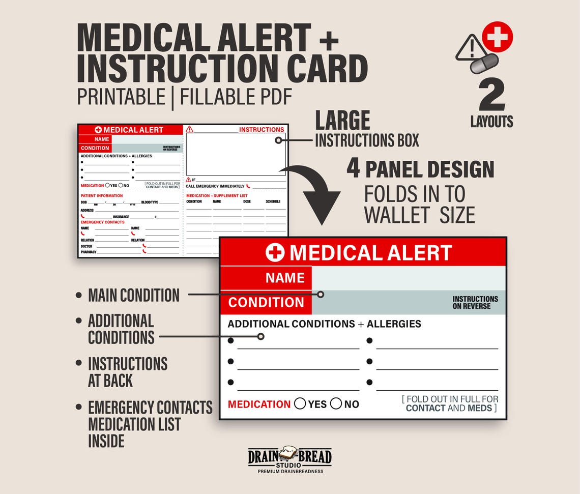 Medical Alert ID Card – Emergency Info, Med List (printable Download ...