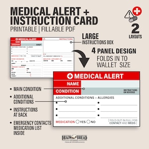 Cartão de carteira de identificação de alerta médico - Instruções de emergência personalizadas, condições médicas, contatos de emergência, lista médica | Download instantâneo para impressão