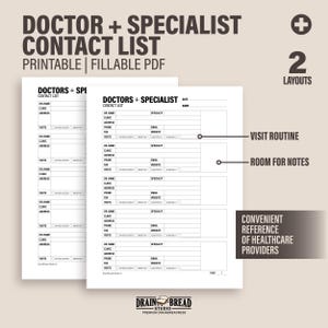 Doctors Specialist Contact List With Detailed Contact Information Visit Routine And Notes | Printable Fillable Instant Download