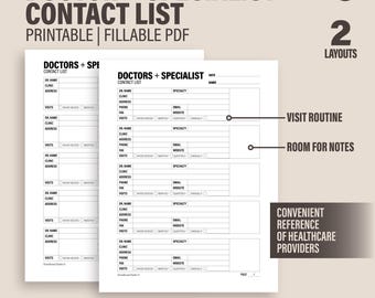Doctor Specialist Contact List | Printable Fillable PDF