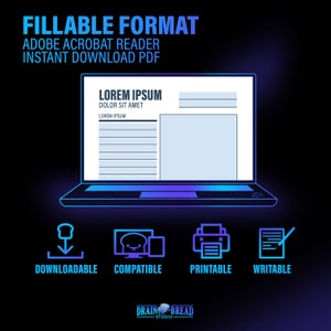 K&ouml;nnte beinhalten: Ein blauer Laptop mit einem wei&szlig;en Bildschirm, auf dem ein ausf&uuml;llbares Formular mit dem Text "LOREM IPSUM DOLOR SIT AMET LOREM IPSUM" angezeigt wird. Der Laptop befindet sich auf einem schwarzen Hintergrund mit Symbolen darunter, die "DOWNLOADBAR", "KOMPATIBEL", "DRUCKBAR" und "BEARBEITBAR" anzeigen.