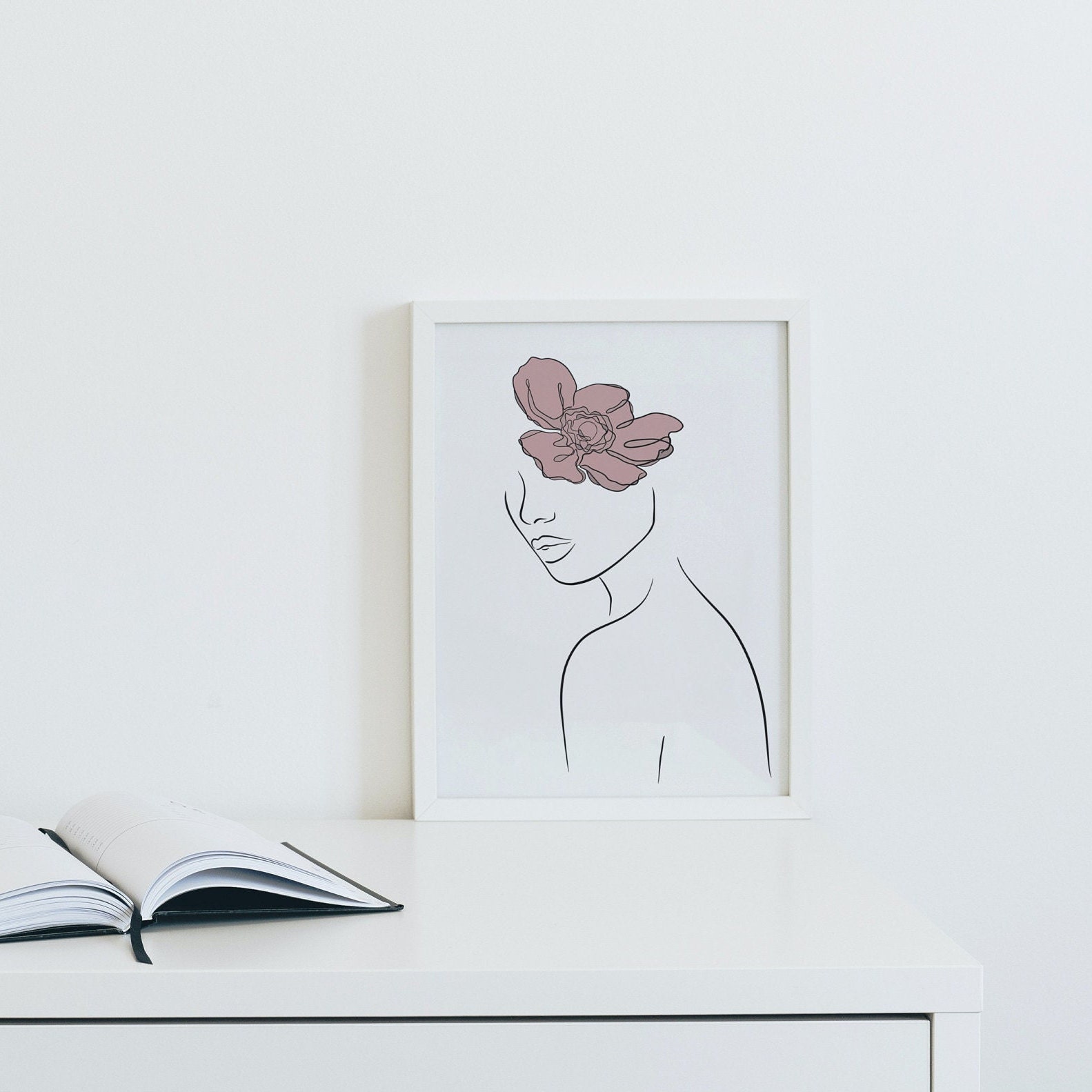 Female Line Art Print, Pink Flower, Minimalist Wall Decor (digital ...