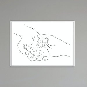 May include: Line drawing of three hands, two adult hands holding a smaller child's hand in the center.