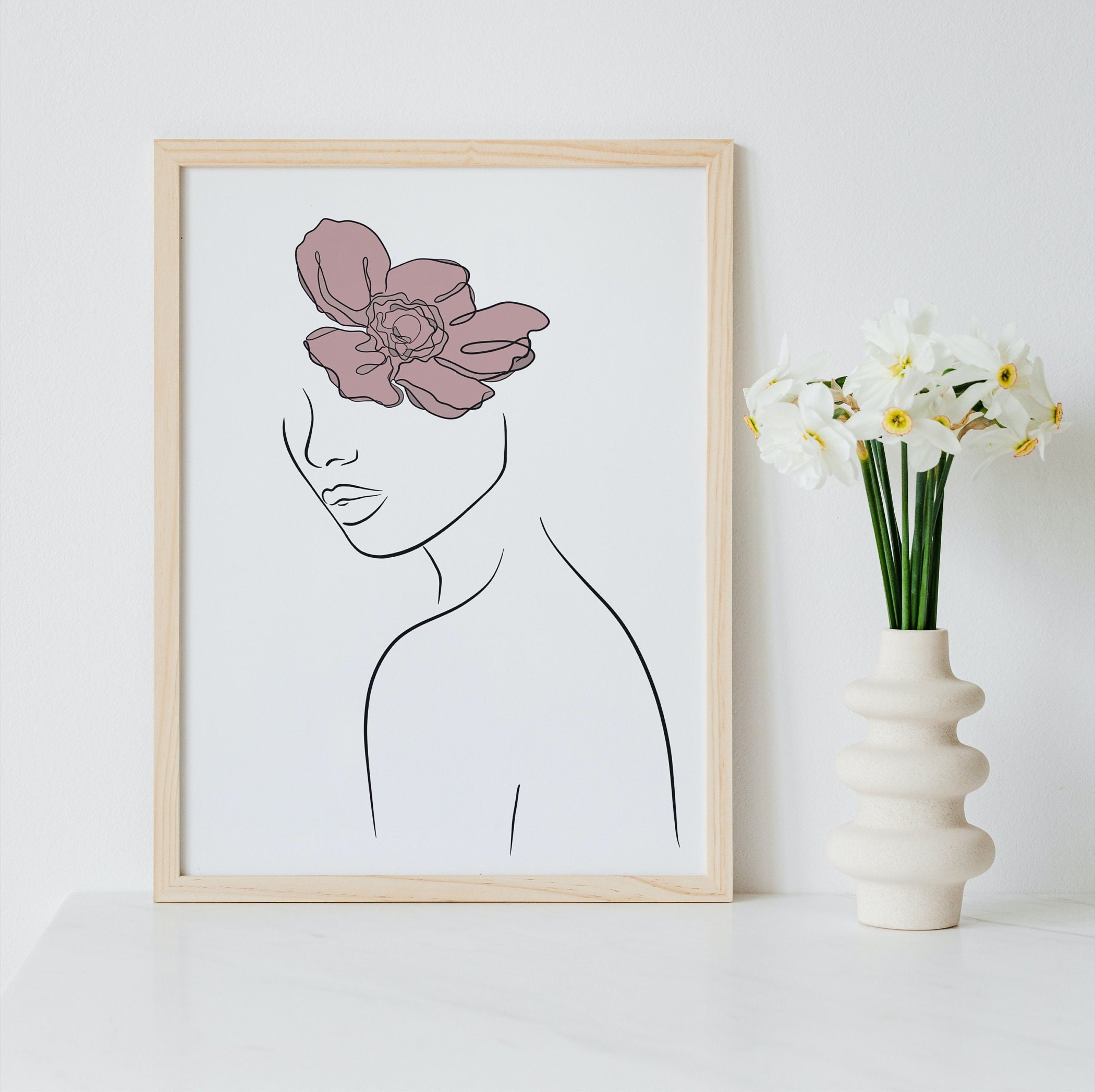 Female Line Art Print, Pink Flower, Minimalist Wall Decor (digital ...