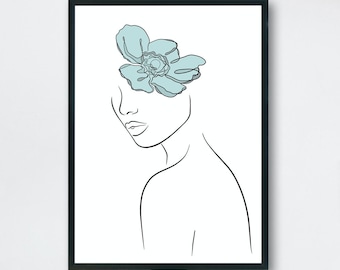 Stampa artistica minimalista con fiori blu, ritratto femminile (download digitale)