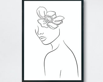 Minimalist Female Line Art Print, Flower Portrait (Digital Download)