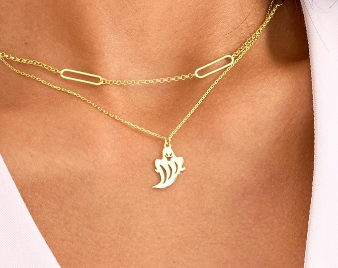 Gold Halloween Ghost Necklace, Horror Ghost Necklace | Scary Ghost Pendant, Spooky Ghost Charm, Ghost Jewelry | Halloween Ghost Gift for Her