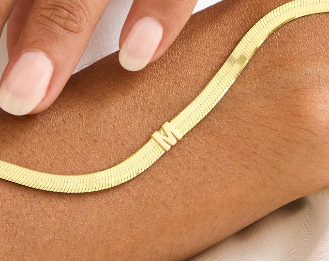 Custom Gold Initial Bracelet with Snake Chain | 925 Silver Letter Bracelet, Personalized Dainty Name Bracelet, Personalized Gifts for Mom
