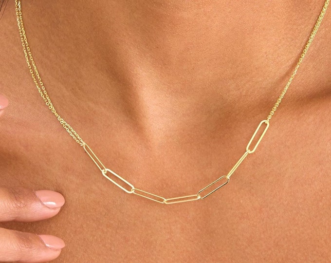 925 Silver Double Cable Chain Necklace with Paperclip Chain, Dainty Silver Paperclip Necklace, Layered Paper Clip Chain, Necklaces for Women