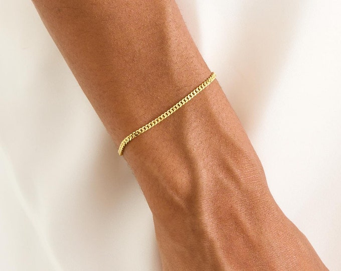 925 Silver Curb Chain Bracelet, Dainty Curb Chain, Thin Cuban Chain, Delicate Curb Link Bracelet, Birthday Gift for Mom, Christmas Gifts