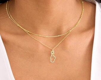 Gold Finger Heart Necklace, 925 Silver Korean Necklace, Korean Finger Heart Pendant | BTS Love Necklace, Love Heart Charm, Gift for Korean