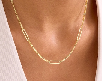 14K Gold Vermeil Figaro Necklace with Large Link Paperclip Chain, Layered Figaro Chain, 925 Silver Paperclip Necklace for Her, Gifts for Mom