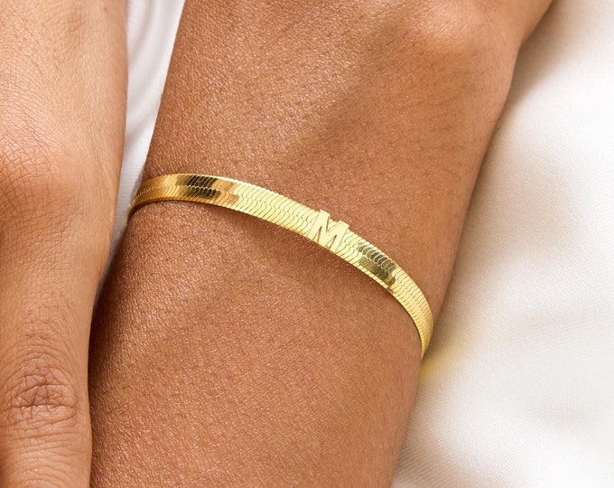 Gold Personalized Initial Bracelet | Herringbone Snake Chain, Custom Letter Bracelet, Dainty Name Bracelet | Perfect Birthday Gifts for Her