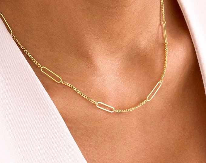 Gold Curb Chain Necklace with Paperclip Chain, Paperclip Necklace, Large Paperclip Link Chain, 925 Silver Long Chain Necklaces for Women