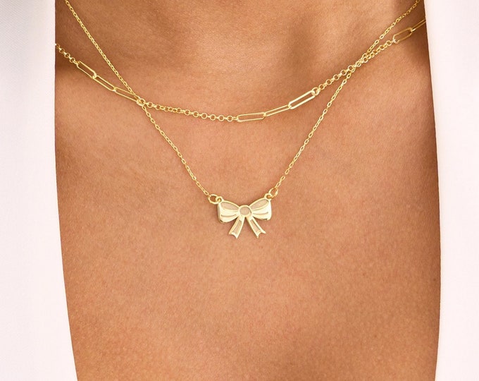 Gold Bow Ribbon Necklace for Women, Dainty Bow Pendant, Bow Charm, Ribbon Pendant, Ribbon Charm, Bow Ribbon Jewelry for Her, Christmas Gifts