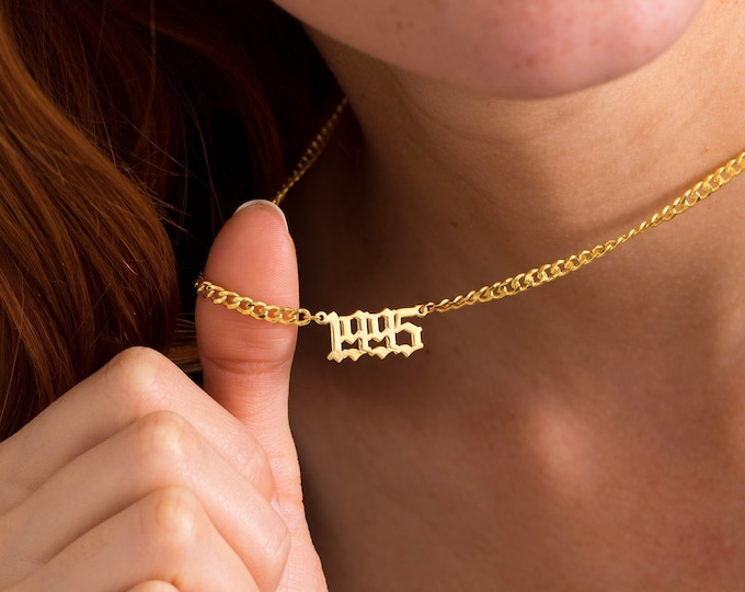 Birth Year Necklace Gold - Year Necklace Gothic - Custom Date Necklace - Birthday Necklace - Birthday Jewelry Gift for Her, Anniversary Gift