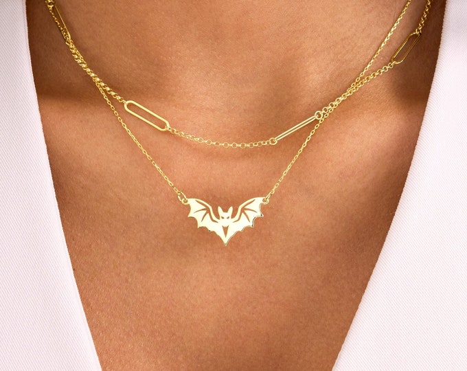 Gold Bat Wings Necklace - Dainty Bat Charm Necklace - Vampire Bat Necklace Gold - Bat Necklace Sterling Silver - Halloween Bat Jewelry Gifts