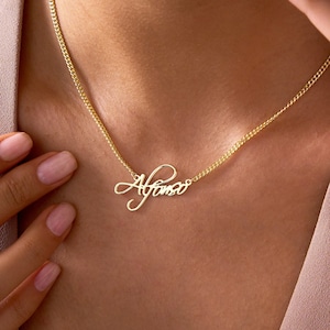 Gold Name Necklace with Curb Chain, Curb Chain Necklace Custom Name Plate, Nameplate Necklace, Curb Chain Necklace, Birthday Gift for Her