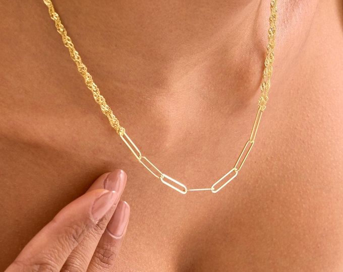 925 Silver Layered 2 Chains Necklace, Twist Chain, Paperclip Chain, Twist Chain Necklace with Paper Clip Chain, Delicate Paperclip Necklace