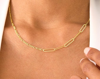 925 Silver Paperclip Chain, Figaro Chain, Paperclip Necklace, Figaro Necklace, Gold Half Chain Necklace, Simple Gold Chain Necklace for Her